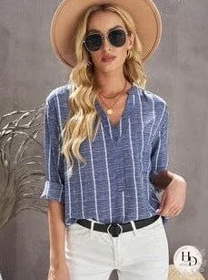 Women's Striped V-Neck Denim Shirt