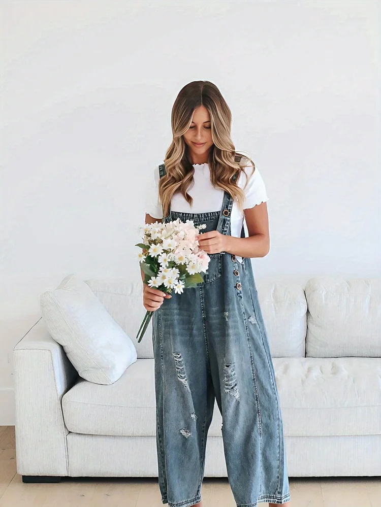 Women's Vintage-Inspired Denim Jumpsuit With Ripped Detail - Casual Wide-Leg Overalls, Comfortable Strap Design, Perfect For Spring/Summer/Fall, Casual Attire | Ripped Denim | Stretchy Fabric