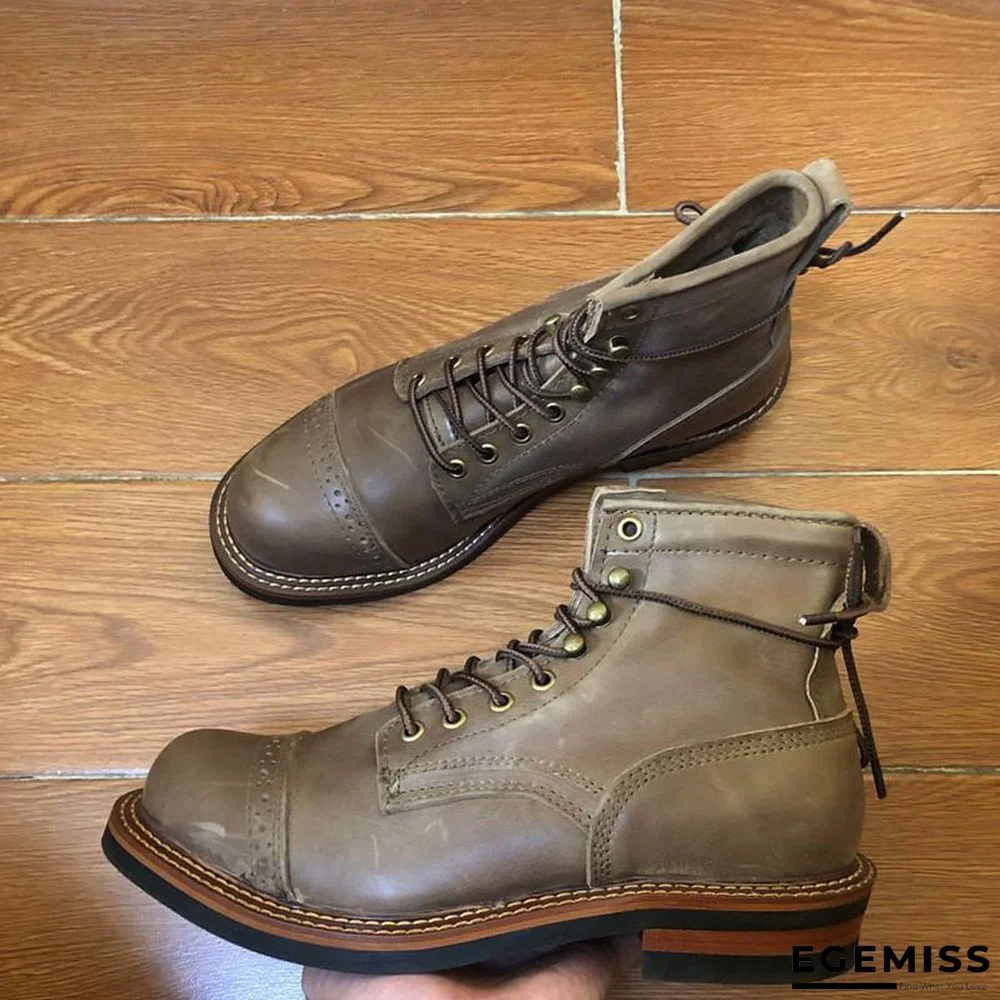 Genuine Genuine Leather Lace-Up Vintage High Quality Tooling White Ankle Boots Motorcycle Boots | EGEMISS