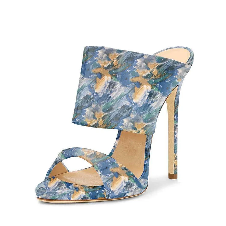 FSJ Multi-color Stiletto Heels Open Toe Floral Mule Sandals |FSJ Shoes