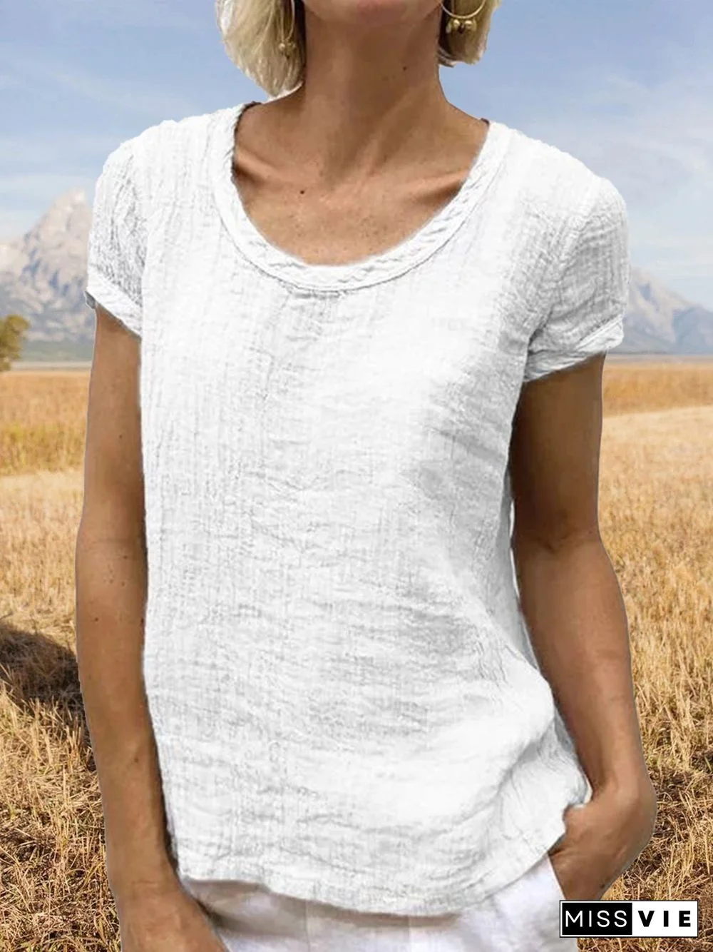 Women Casual Linen Cotton Plain Short Sleeve Blouses