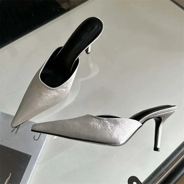 Spring Satins Pointed Toe Slippers Woman Thin Heels