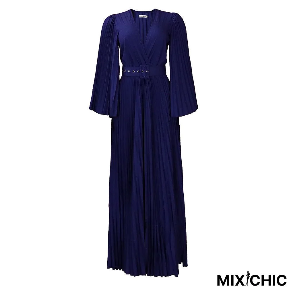 Women's V-neck Sexy Pleated Polyester Formal Swing Maxi Dress