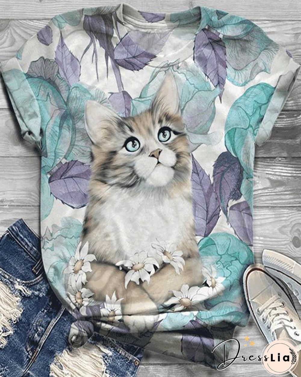 Plus Size Animal Printed Short Sleeve Crew Neck Casual Shirts & Tops