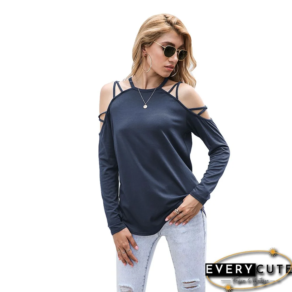 Navy Blue Criss Cross Cold Shoulder Blouse