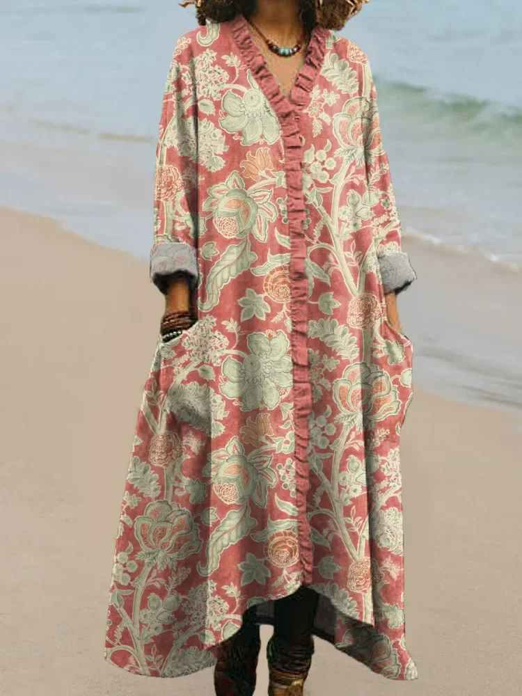 Women's Vintage Floral Pattern Art Print Casual Ruffled Cotton Dress socialshop