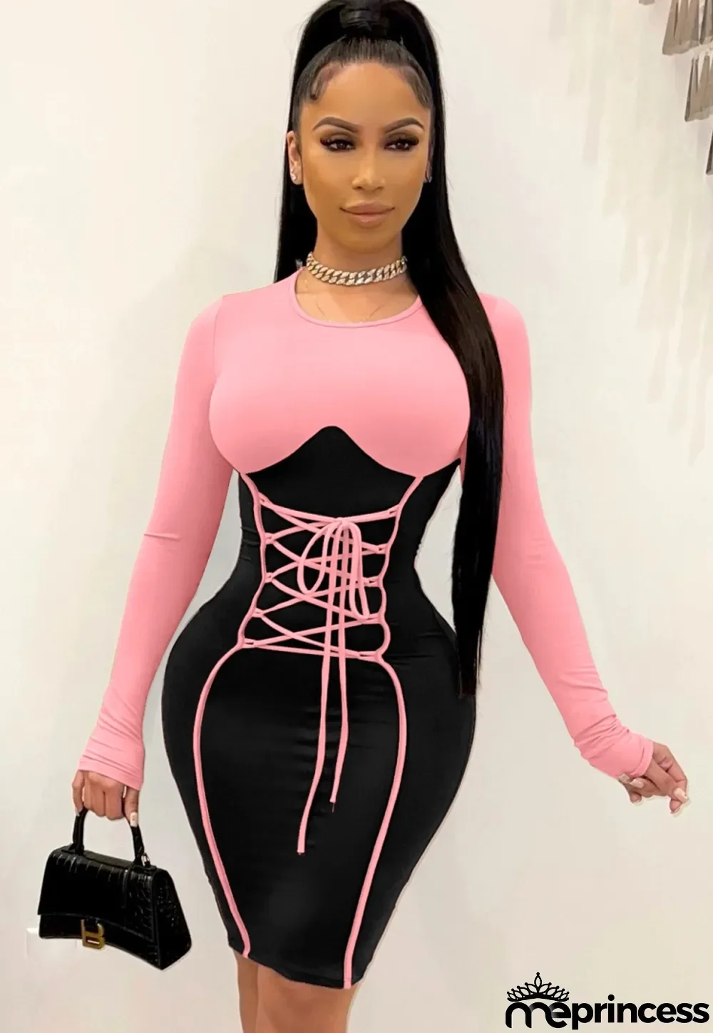 Spring Sexy Pink Contrast Black Round Neck Bandage Long Sleeve Bodycon Dress