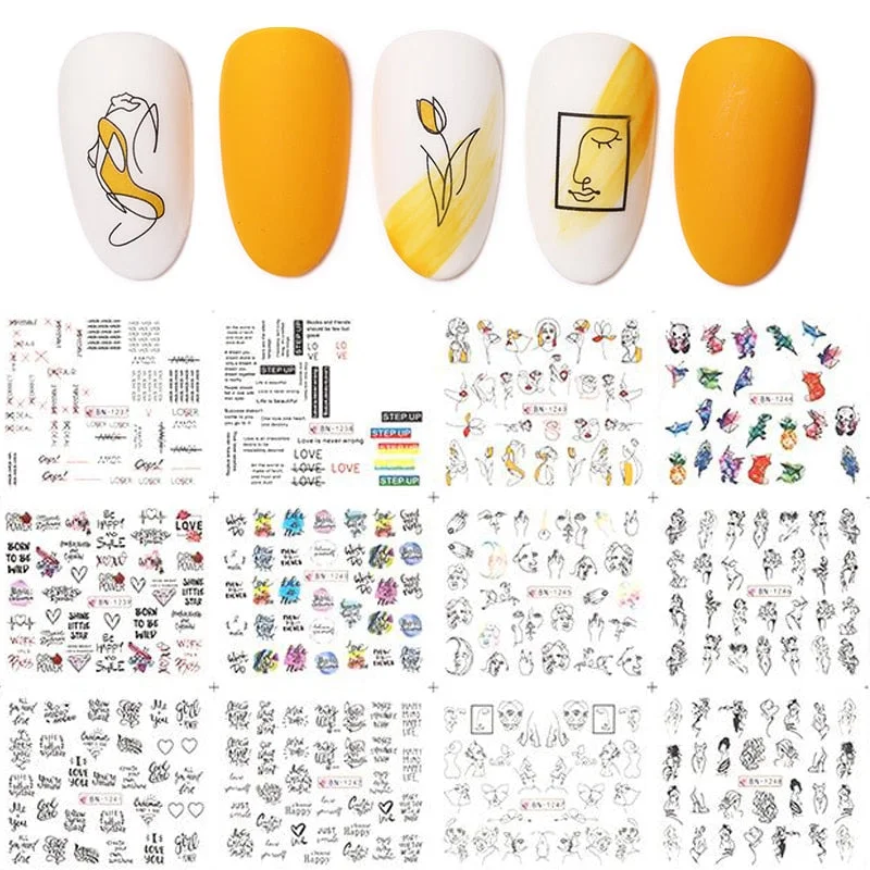 12pcs Valentines Manicures Love Letter Flower Transfer Stickers For Nails Inscriptions Nail Art Decoration Water Sliders Tips