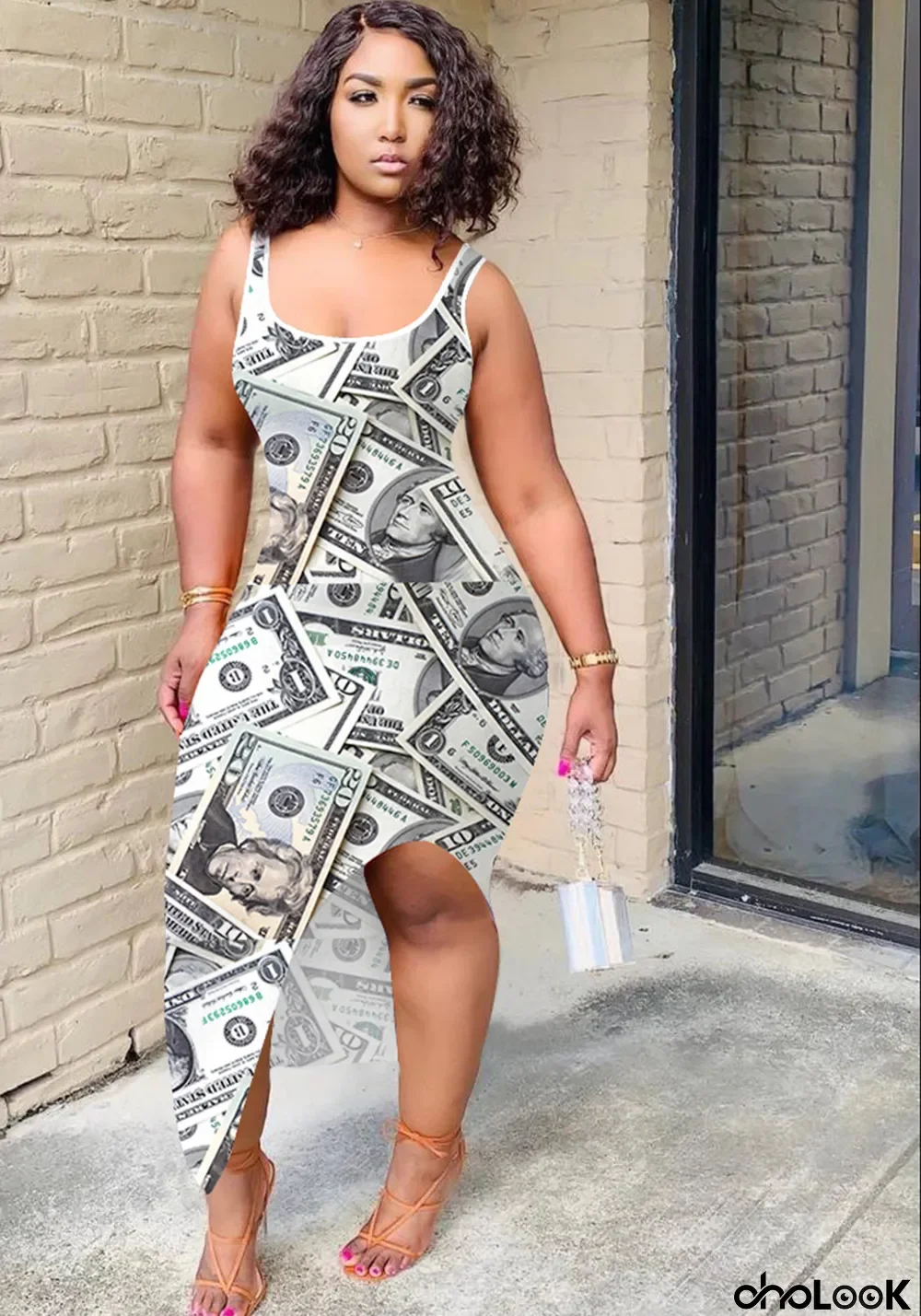 Sexy Dollar Print Irregular Long Tank Dress
