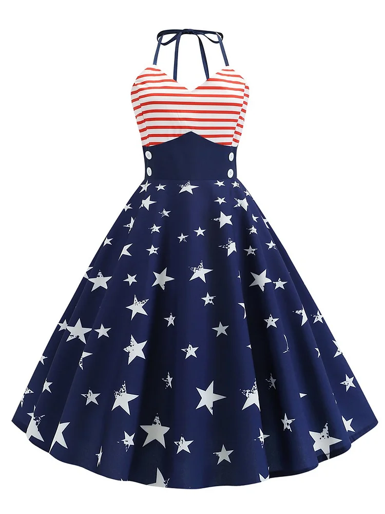 Mayoulove Swing Dress Stars Striped Halter 1950s Dress-Mayoulove
