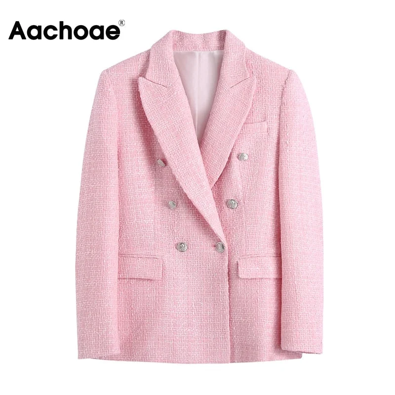 Aachoae Chic Women Pink Tweed Suit Blazer Sets 2021 Double Breasted Blazer With High Waist Shorts Office Ladies Outfits Set