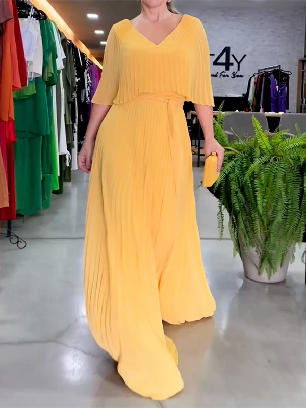 Pleated Solid Color Loose Short Sleeves V-Neck Maxi Dresses
