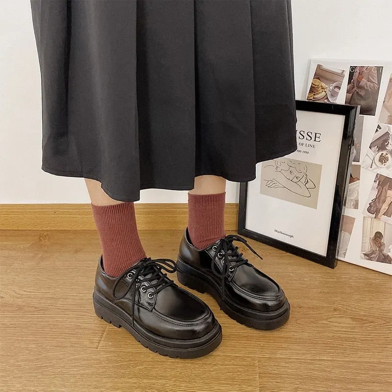 Women Platform Flat Oxford Shoes Black Lace Up Leather Casual Round Toe Spring Autumn Shoes Heighten Waterproof Shoes Plus Siz