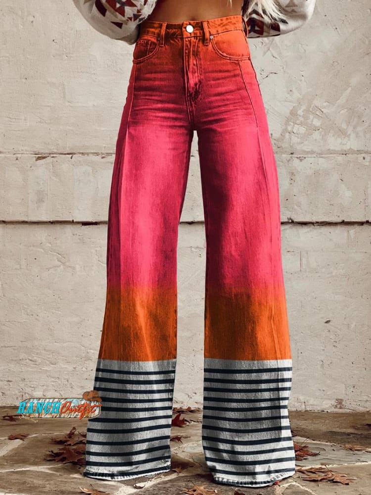 Women’s Orange Black And White Stripes Print Casual Wide Leg Pants Multicolor / S
