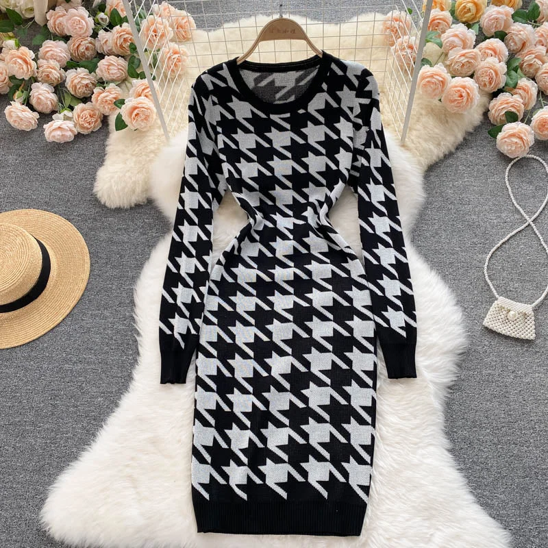 Croysier 2021 Fashion Women Dress Long Sleeve Knitted Sweater Dress Winter Round Neck Houndstooth Elegant Slim Casual Midi Dress