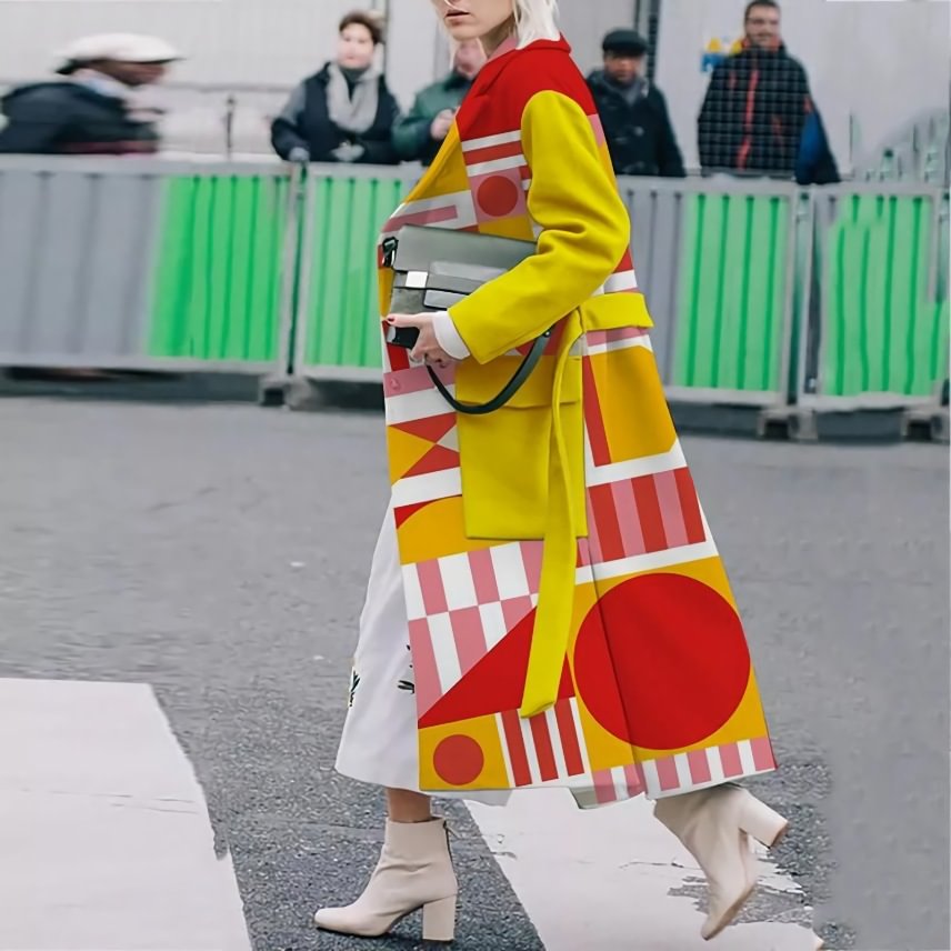 Fashion Contrast Geometric Print Long Sleeve Coat