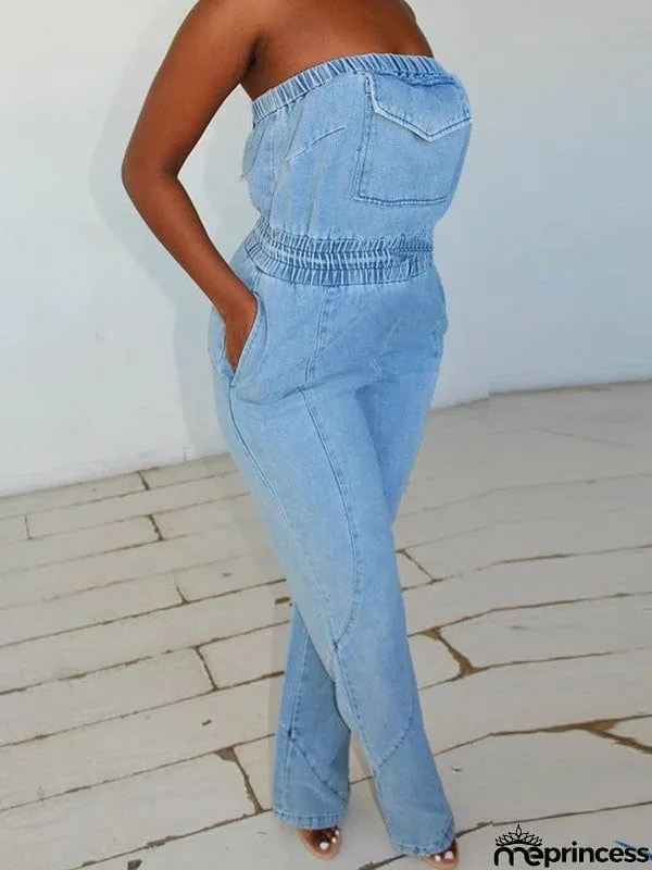 Sleeveless Straight Leg Elasticity Pleated Pockets Split-Joint Tube Jumpsuits