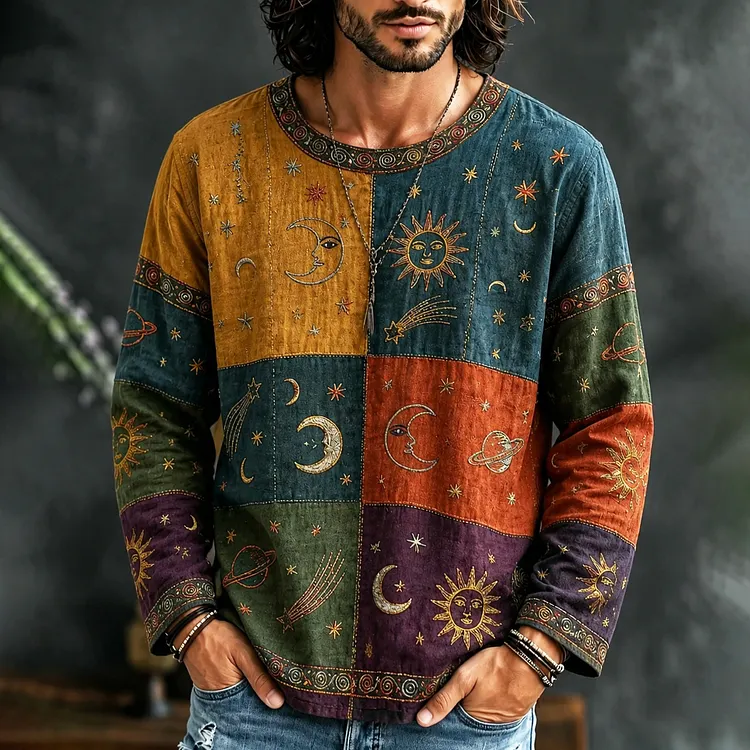 Men's Retro Mysterious Sun And Moon Print Long Sleeve T-shirt