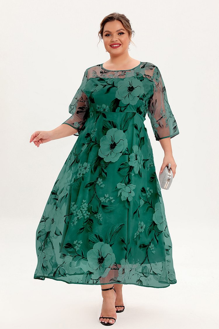 Flycurvy Plus Size Mother Of The Bride Green Floral Print Mesh Layered A Line Tunic Maxi Dress  flycurvy [product_label]