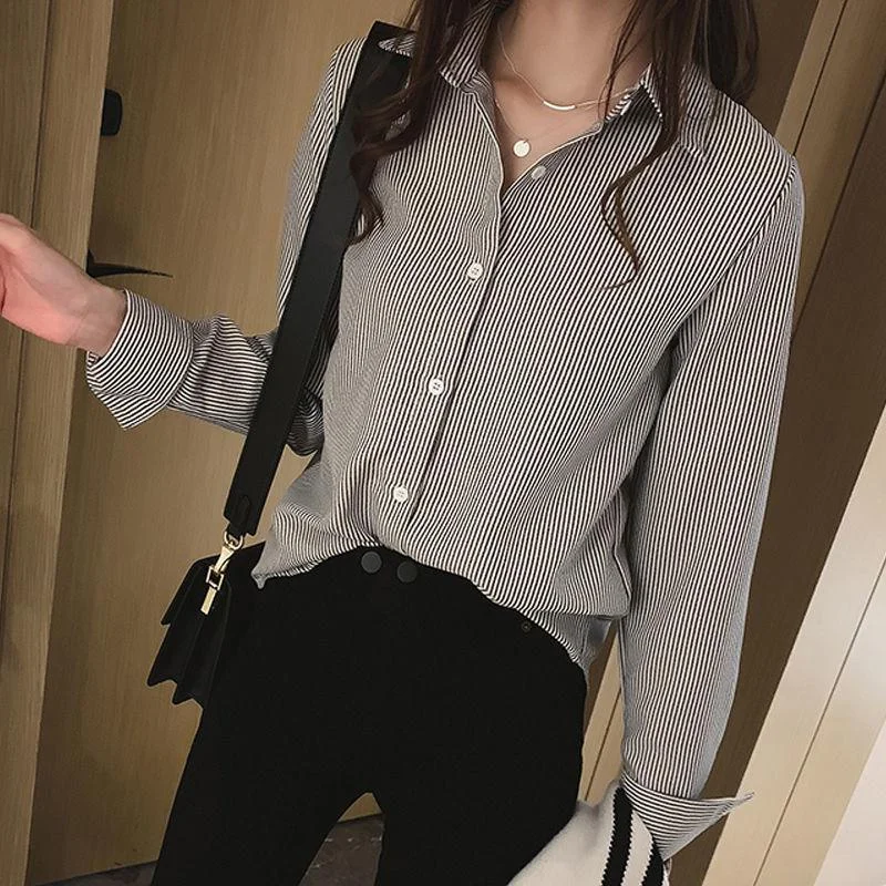 Uveng Uveng Spring And Autumn New Long-Sleeved Striped Shirt Female Korean Version Of Loose Large-Size Bottom Shirts Thin Professional Shirt