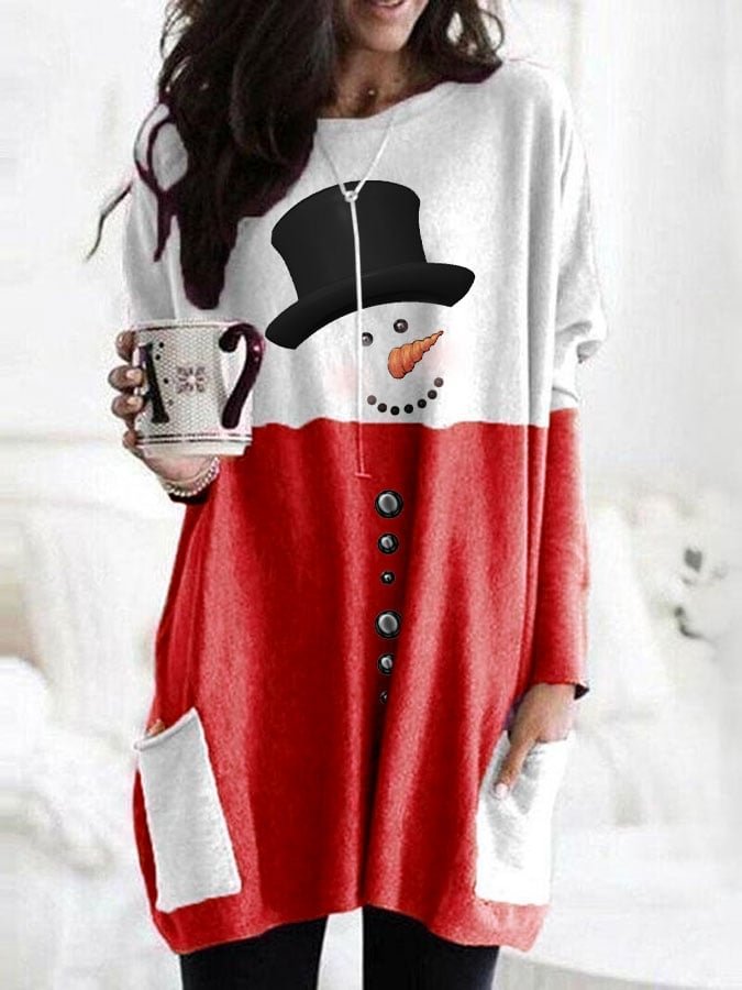 Women's Christmas Snowman Print Pocket Long T-Shirt