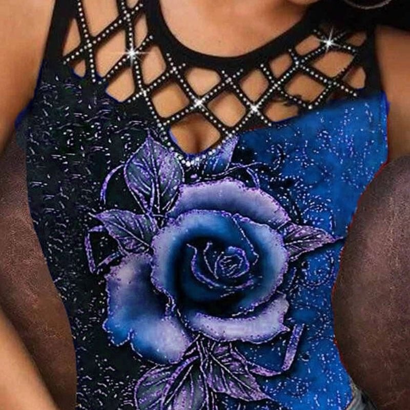 Umeko Women's New Vest 2021 Summer Rose Print Sexy Hollow Sleeveless Top Fashion Casual Sleeveless T-shirt Y2k Top