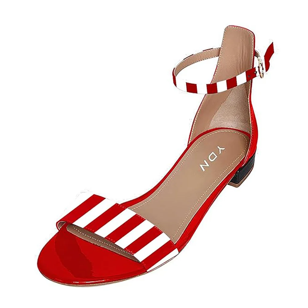 Patent Leather Red & White Stiped Round Toe Ankle St5ap  Flats