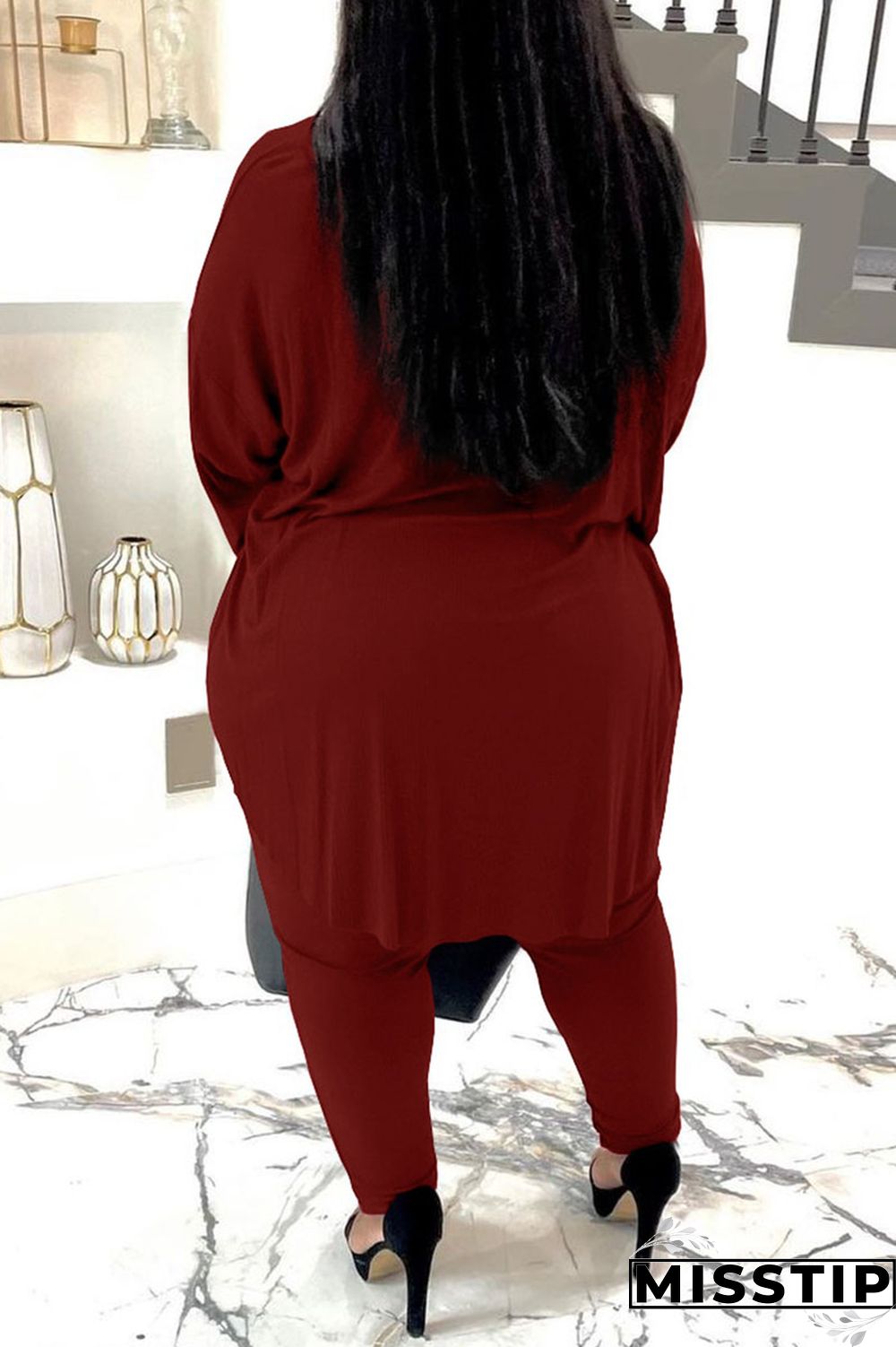 Burgundy Casual Solid Patchwork O Neck Plus Size Two Pieces