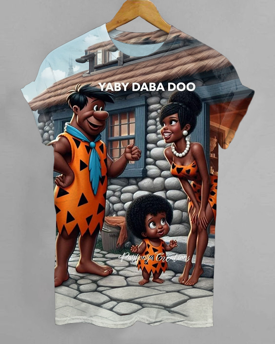 Flintstones Cartoon Black Family Print Crew Neck Short Sleeve Tshirt