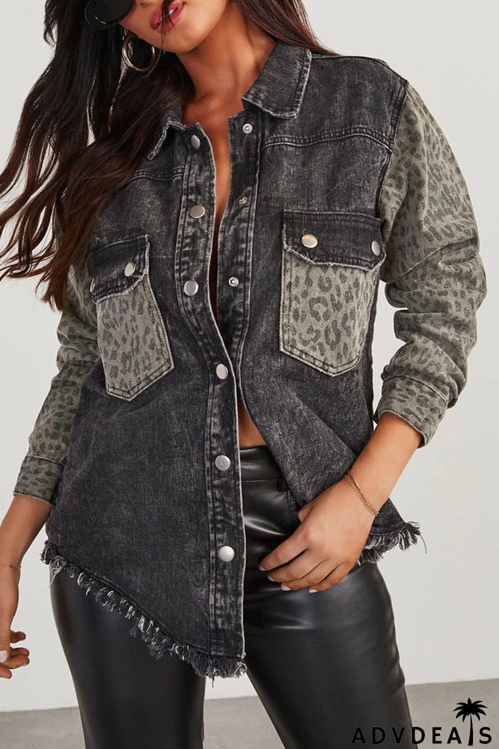 Black Leopard Patch Pocket Vintage Raw Hem Denim Jacket