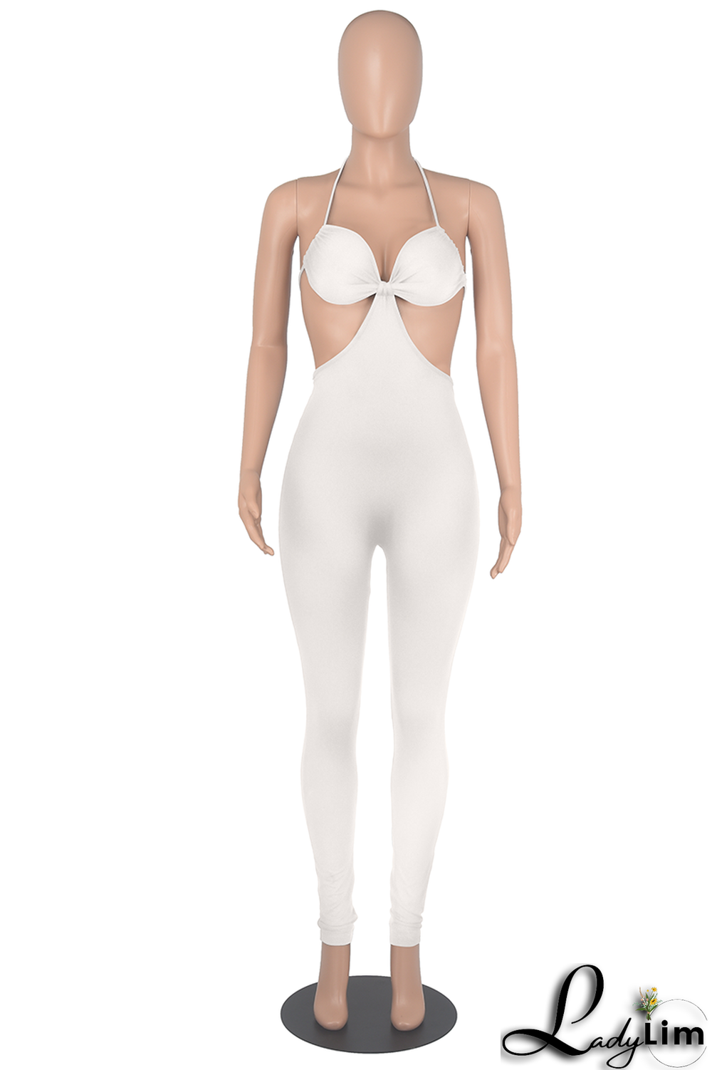 White Sexy Solid Patchwork Halter Skinny Jumpsuits