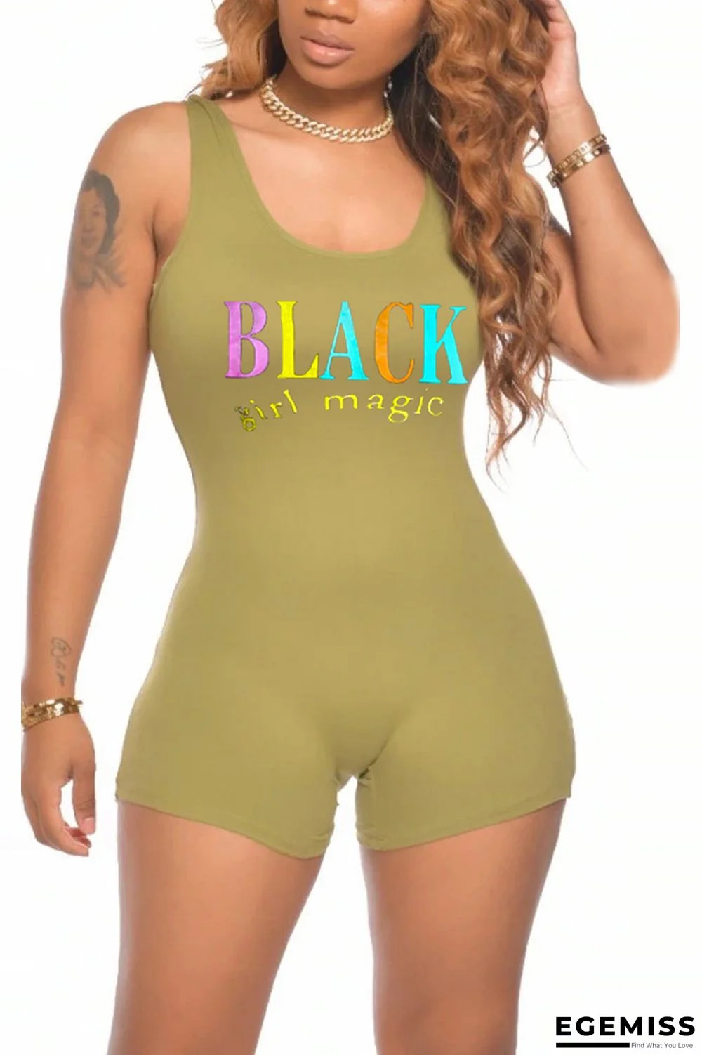 Light Green Fashion Sexy Printed Sleeveless Romper | EGEMISS