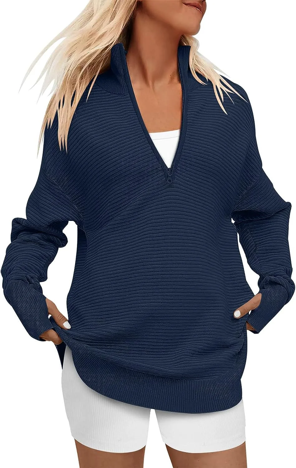 Wongn Wongn Hot Style Women's Long Sleeve Half Zipper V-Neck Casual Rib Knit Sweater Women's Jumper