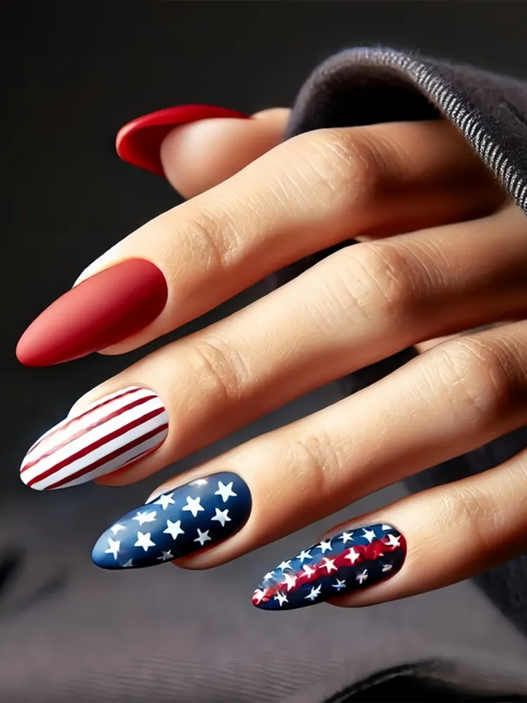 Red, White, And Blue Star Pattern Matte Water Drop Shape Fake Nail