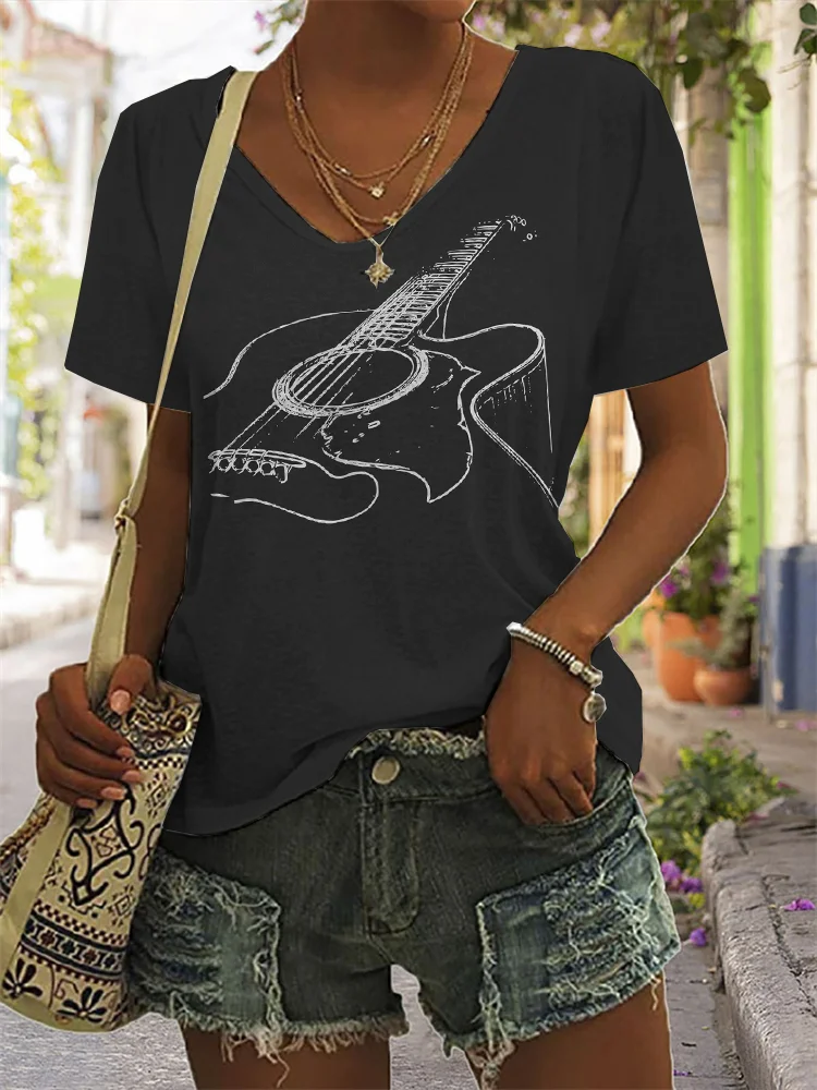 Acoustic Guitar Inspired V Neck Comfy T Shirt
