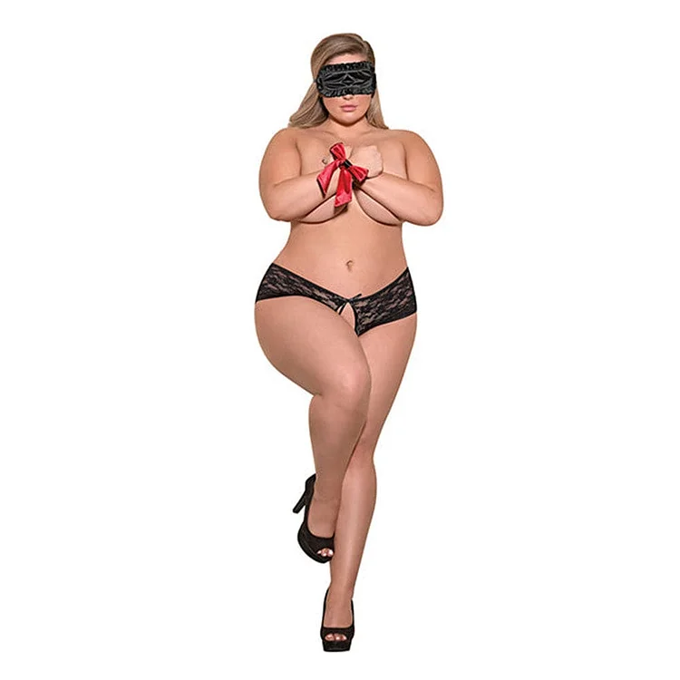 pornhint Pornhint Love & Bondage Split Back Lace Booty Short, Blindfold & Wrist Ties Black Qn
