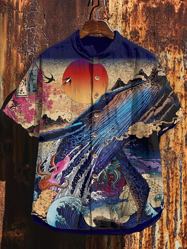 Men's Blue Ukiyo-e Japanese Sea Sunrise Grave Waves Brave Whale Print Casual Shirt