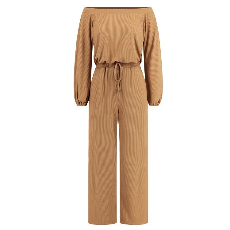 Women's off Shoulder Jumpsuit Overall Solid Tie Waist Straight Jumpsuit