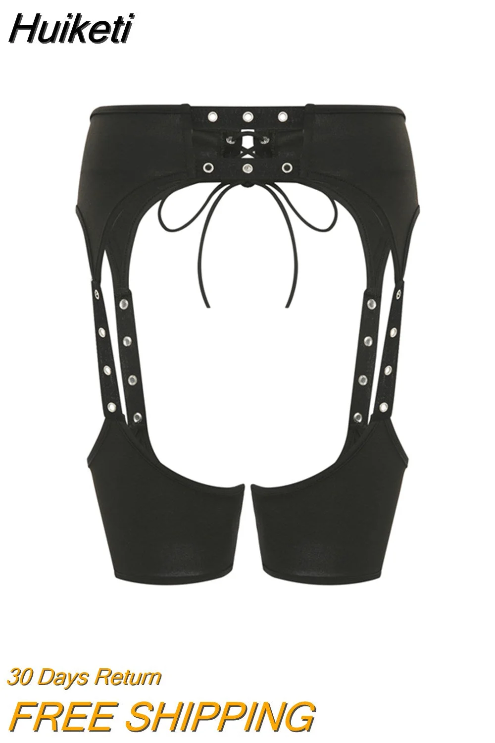 Huiketi Women's Garter Belt Patchwork Hollow-Out Tie-Up Open Crotch Garter Sexy Lingerie High Thigh Bands Y2K Streetwear