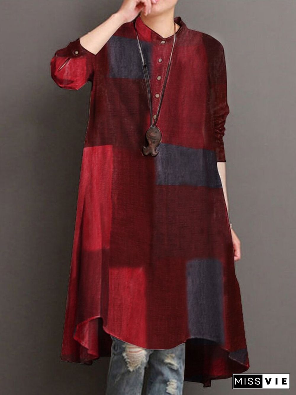 Plaid Print Stand Collar Long Sleeve Casual Shirt For Women