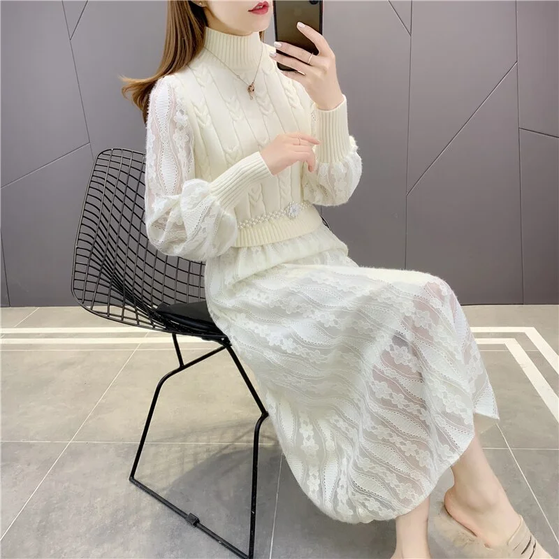 Room 192495 5 5 row 2 lower] real shot half high collar medium length lace dress 86