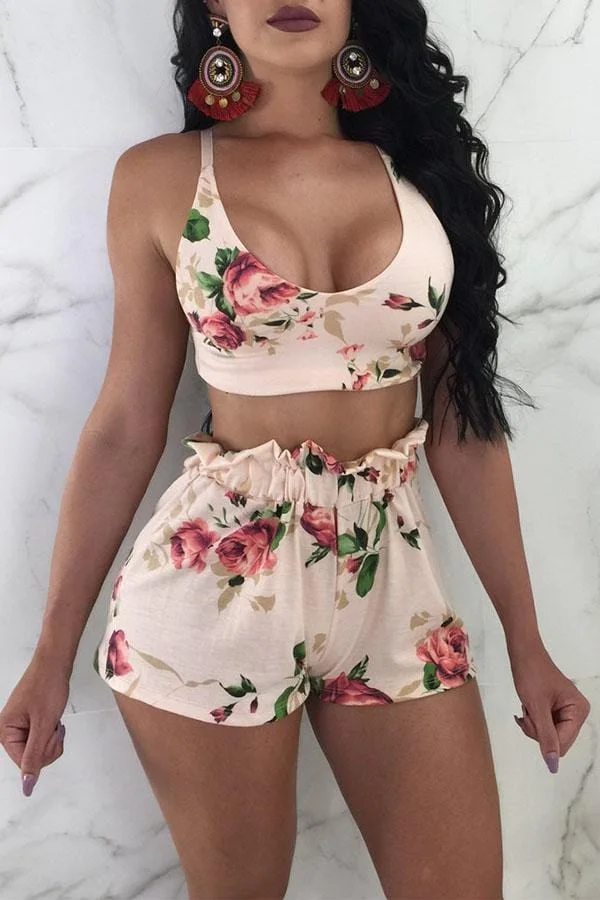 Sexy  Floral Printed Bow Shorts Set