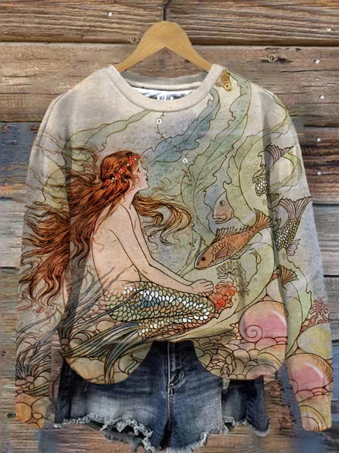 Vintage Mermaid Sea Plant Fish Graphic Print Sweatshirt
