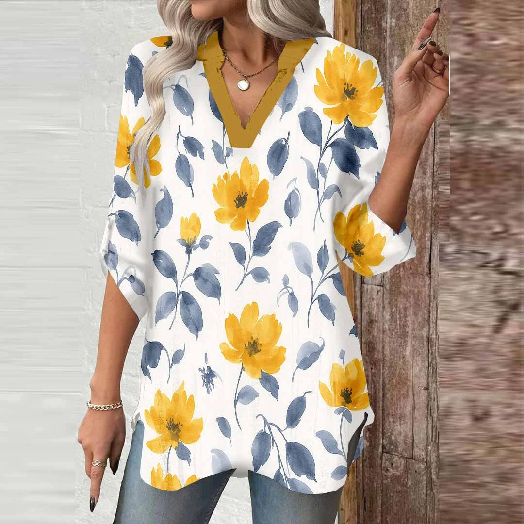 Women Floral, Yellow, Blue DZGA0337 3/4 Sleeve V-neck Printed Graphic Button Tops