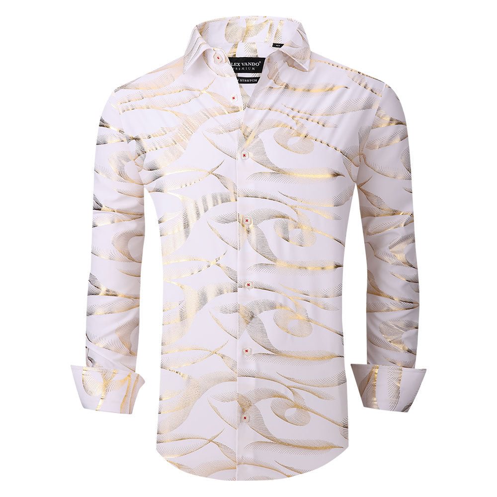 Men's Nightclub Long Foil Printed Shirt Golden/White Alex Vando Fashion