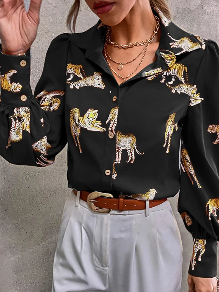 Animal Print Lapel Long Sleeve Women's Top Shirt SKUI93593 QueenFunky