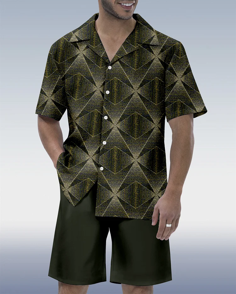Men's Vacation Bowling Cuban Collar Short Sleeve Shirt Set 063