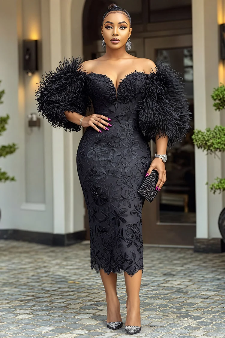 Xpluswear Design Plus Size Cocktail Party Black Off The Shoulder Half Sleeve Feather Bodycon Guipure Lace Midi Dresses [Pre-Order] 2024 - Xpluswear