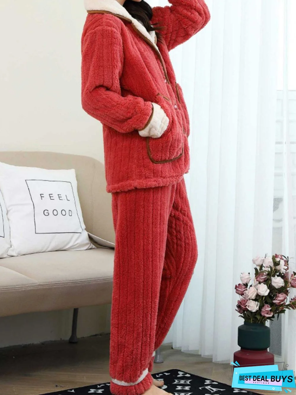 Colorblock Lapel Coral Fleece Home Warm Loose Plus Size Pajama Set