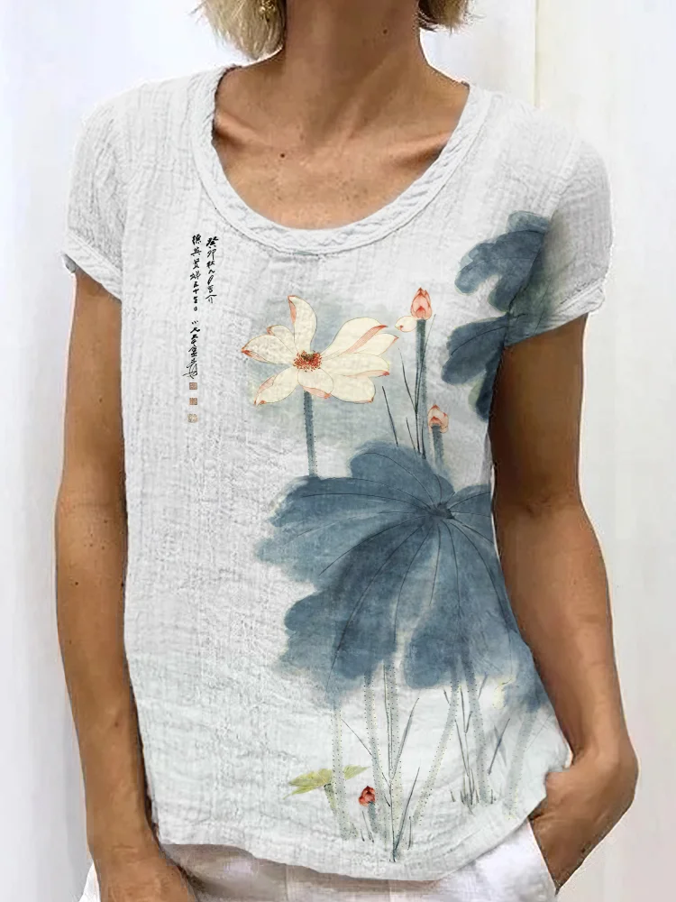 Simpfit Japanisches Retro-Orchideen-Tuschemalerei-Kunstleinen-Lässiges T-Shirt